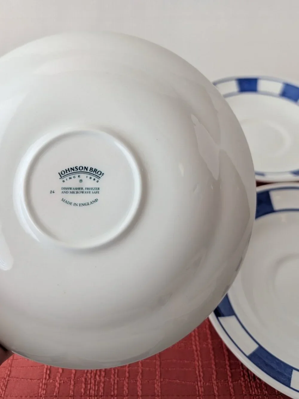1990s Johnson Brothers Hopscotch Blue 4 Coffee Cups & Matching Saucers